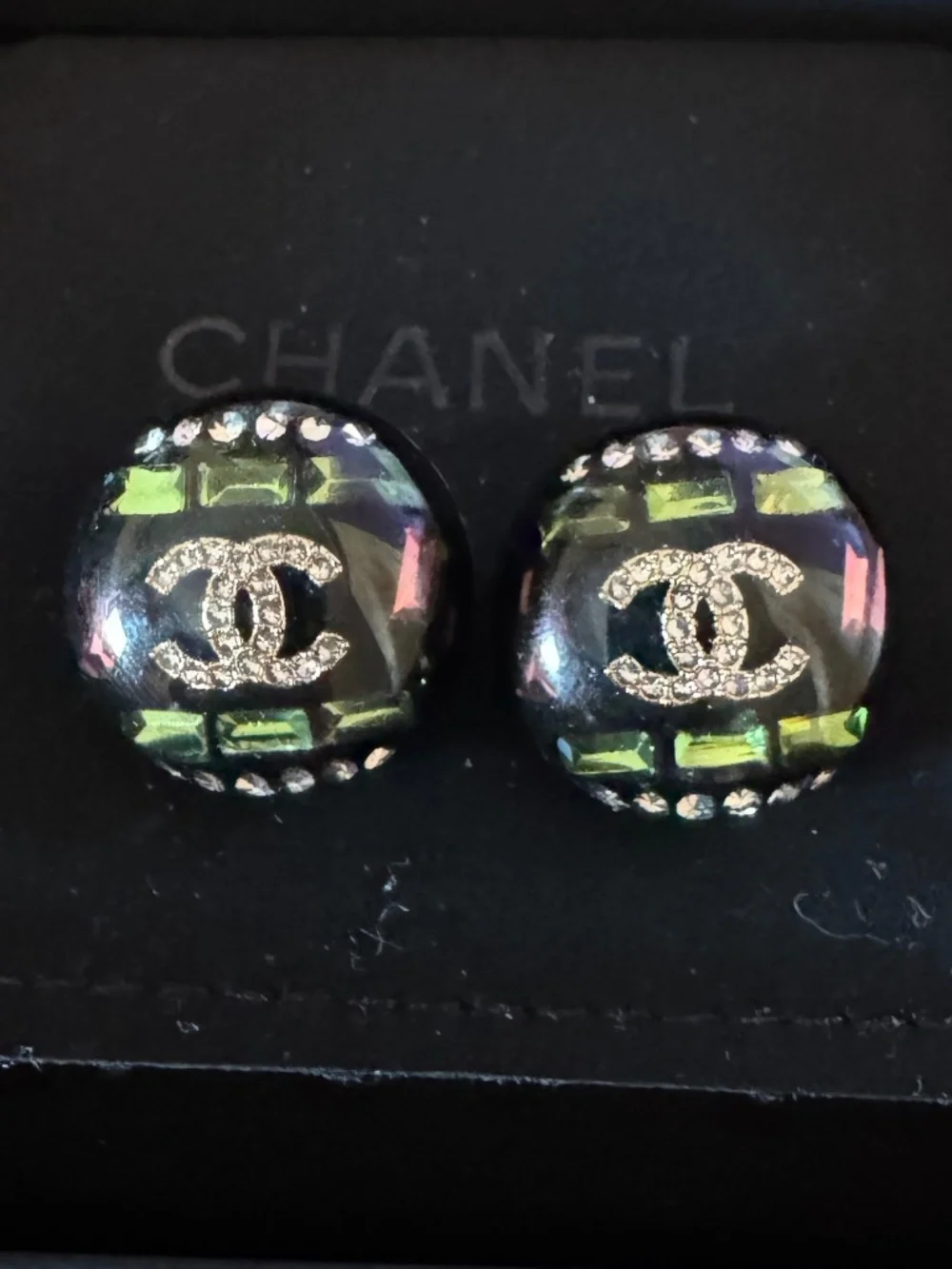 Rare Limited Edition Chanel CC Logo Green and Pink Enamel Crystal Stud Earrings